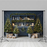 Aperturee - Aperturee Blue Farmhouse Hutch Christmas Photography Backdrop Neutral Holiday Decor with Trees Modern Rustic Background
